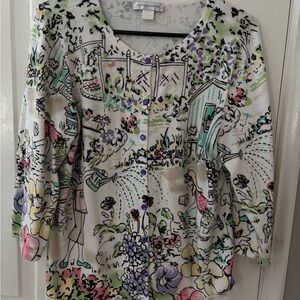 Christopher & Banks Cream Garden-Print Button Front Top with Pastel Accents
